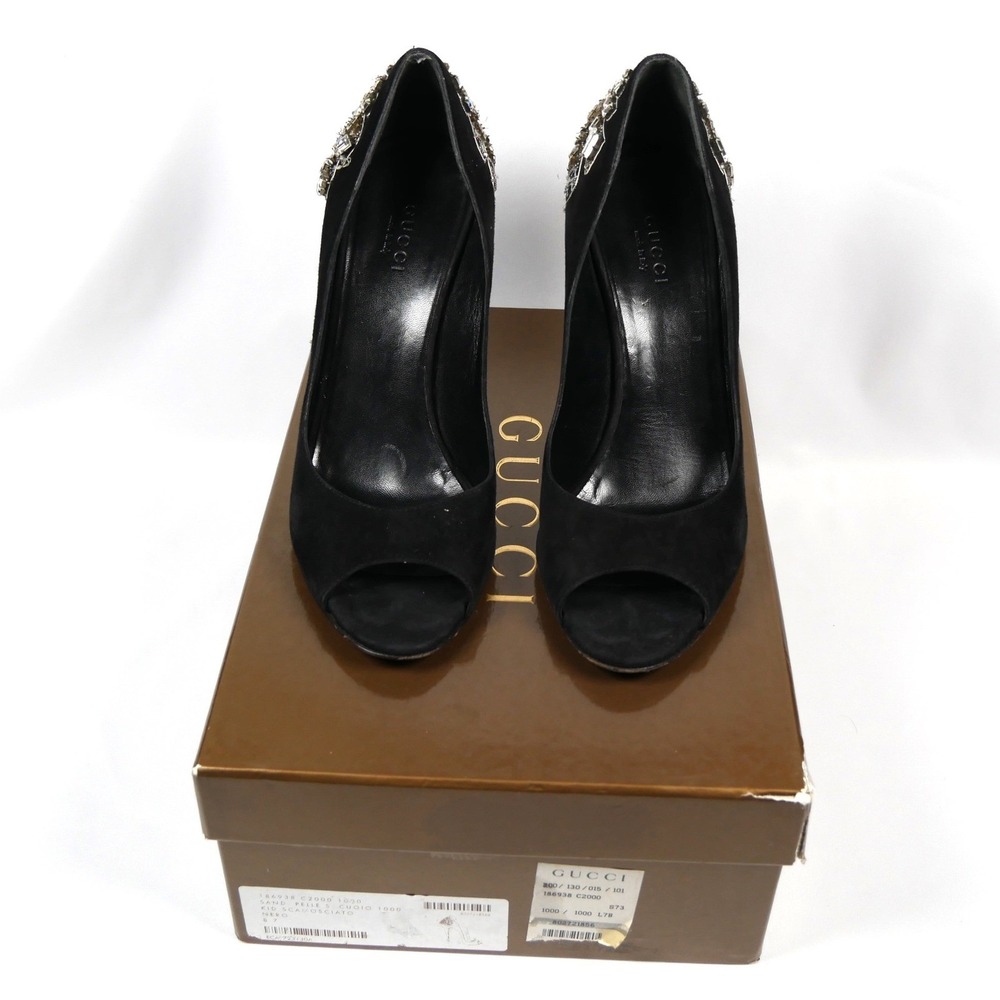 Gucci Black Suede Crystal Embellished Peep Toe Pumps 186938 C2000 7B - Picture 2 of 15